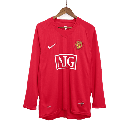Retro SCHOLES #18 Manchester United Mens Home Long Sleeve Soccer Jersey 2007/08 Red