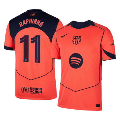 RAPHINHA #11 Barcelona Mens Third Away Soccer Jersey UCL 2025/26 Orange